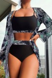 Royal Blue Sexy Print Patchwork Swimsuit Three Piece Set (With Paddings)