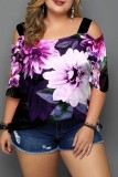 Green Casual Print Hollowed Out Off the Shoulder Plus Size Tops