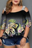 Purple Casual Print Hollowed Out Off the Shoulder Plus Size Tops