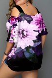 Purple Casual Print Hollowed Out Off the Shoulder Plus Size Tops