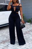 Black White Sexy Solid Hollowed Out Regular Jumpsuits