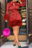 Red Party Print Feathers Turndown Collar Pencil Skirt Dresses
