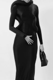 Black Sexy Solid Patchwork Backless Long Sleeve Dresses