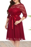 Burgundy Casual Solid Patchwork O Neck A Line Plus Size Dresses