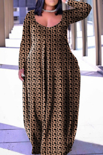 Black khaki Casual Print Patchwork Basic V Neck Long Sleeve Plus Size Dresses