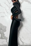 Black Sexy Solid Patchwork Backless Long Sleeve Dresses
