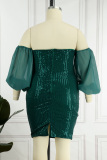 Ink Green Sexy Formal Patchwork Hollowed Out Backless Off the Shoulder Evening Dress Plus Size Dresses