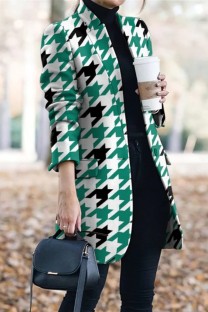 Green White Casual Print Patchwork Cardigan Turn-back Collar Outerwear
