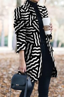 Black White Casual Print Patchwork Cardigan Turn-back Collar Outerwear