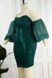 Ink Green Sexy Formal Patchwork Hollowed Out Backless Off the Shoulder Evening Dress Plus Size Dresses