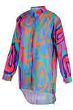 Gradient Color Casual Print Patchwork Buckle Turndown Collar Shirt Dress Dresses