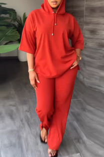 Red Casual Solid Basic Hooded Collar Long Sleeve Two Pieces
