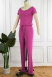 Rose Red Casual Solid Basic O Neck Regular Jumpsuits