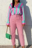 Pink Casual Solid Patchwork With Belt Regular High Waist Conventional Solid Color Trousers