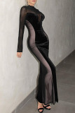 Black Sexy Solid Patchwork See-through O Neck Trumpet Mermaid Dresses
