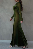 Green Sexy Solid Patchwork See-through O Neck Trumpet Mermaid Dresses