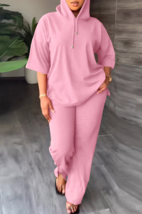 Pink Casual Solid Basic Hooded Collar Long Sleeve Two Pieces