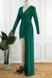 Green Sexy Solid Patchwork V Neck Evening Dress Dresses