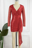 Red Sexy Solid Sequins Patchwork Asymmetrical V Neck One Step Skirt Dresses