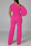 Pink Fashion Casual Solid Patchwork Asymmetrical Asymmetrical Collar Straight Jumpsuits