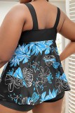 Blue Sexy Print Patchwork Backless V Neck Plus Size Swimwear (With Paddings)