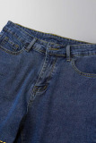 Deep Blue Street Plaid Print Patchwork High Waist Denim Jeans