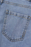 Light Blue Street Plaid Print Patchwork High Waist Denim Jeans
