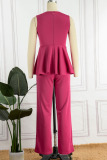 Rose Red Casual Solid Patchwork Flounce O Neck Straight Jumpsuits