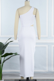 White Sexy Solid Hollowed Out High Opening One Shoulder Pencil Skirt Dresses