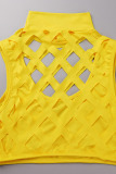 Yellow Sexy Solid Tassel Hollowed Out Patchwork O Neck Sleeveless Two Pieces