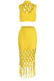 Yellow Sexy Solid Tassel Hollowed Out Patchwork O Neck Sleeveless Two Pieces