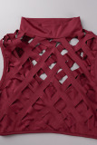 Burgundy Sexy Solid Tassel Hollowed Out Patchwork O Neck Sleeveless Two Pieces