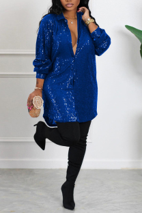 Blue Sexy Casual Solid Sequins Shirt Collar Shirt Dress Dresses