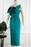 Lake Green Elegant Solid Patchwork Appliques Oblique Collar Dresses