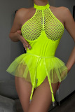 Fluorescent Green Sexy Solid Hollowed Out Patchwork Flounce Valentines Day Lingerie