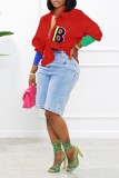 Red Casual Letter Patchwork Shirt Collar Tops