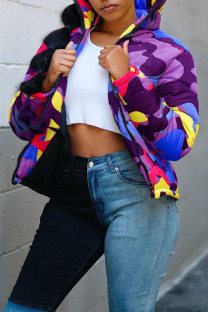 Purple Casual Street Print Camouflage Print Zipper Collar Outerwear