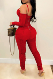 Red Sexy Solid Fold Spaghetti Strap Skinny Jumpsuits