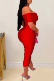 Red Sexy Solid Backless Off the Shoulder One Step Skirt Dresses