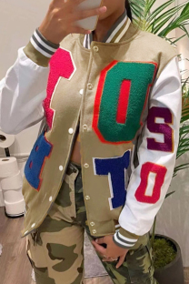 Camel Casual Letter Patchwork Contrast Turn-back Collar Outerwear