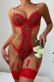 Red Sexy Embroidery Hollowed Out Patchwork See-through Backless Lingerie