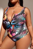 Multicolor Sexy Print Patchwork Backless U Neck Plus Size Swimwear (With Paddings)