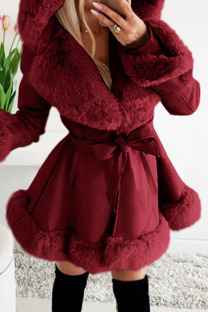 Burgundy Sexy Solid Bandage Patchwork Feathers Hooded Collar Outerwear