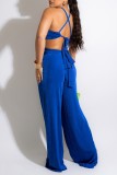 Blue Sexy Solid Bandage Backless O Neck Sleeveless Two Pieces