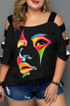Black Casual Print Hollowed Out Patchwork O Neck T-Shirts
