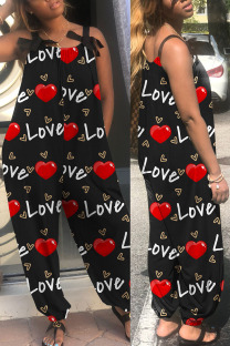 Black Casual Print Patchwork Spaghetti Strap Loose Jumpsuits