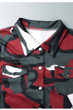 Red Casual Street Print Camouflage Print Patchwork Buckle Turndown Collar Plus Size Two Pieces