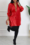 Apricot Sexy Casual Solid Sequins Shirt Collar Shirt Dress Dresses
