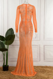 Orange Sexy Patchwork Hot Drilling See-through O Neck One Step Skirt Dresses