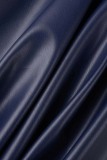 Dark Blue Casual Solid Patchwork Half A Turtleneck A Line Plus Size Dresses
